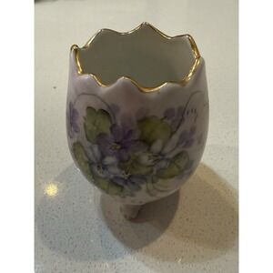 Vintage Porcelain Cracked Egg Vase Custom Painted‎ Floral Signed Footed 3"